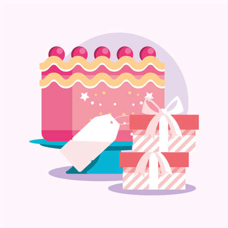 cake and gifts design, Happy birthday card celebration decoration surprise party anniversay and invitation theme Vector illustrationのイラスト素材