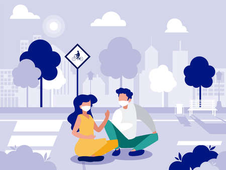 Woman and man couple with masks at street design of Covid 19 virus theme Vector illustrationのイラスト素材