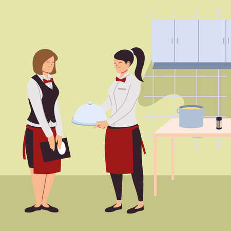 young women of waiters in the kitchen vector illustration designのイラスト素材