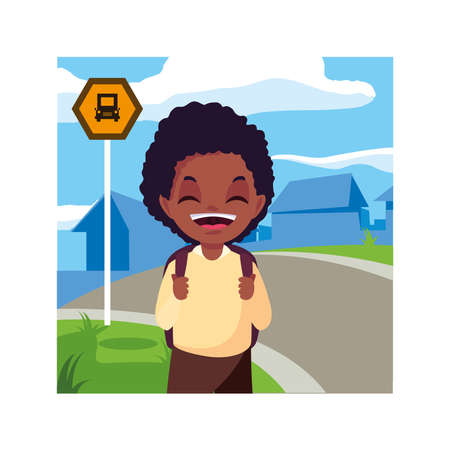 student boy at the bus stop with background city vector illustration designのイラスト素材