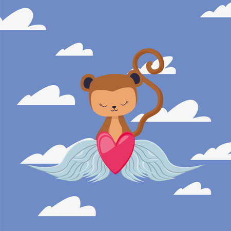Monkey cartoon and heart with wings design of love passion romantic valentines day wedding decoration and marriage theme Vector illustrationのイラスト素材