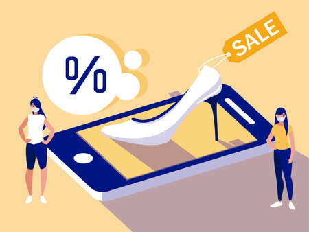 Women with masks heel and smartphone design of Mobile shopping online ecommerce and covid 19 virus theme Vector illustrationのイラスト素材