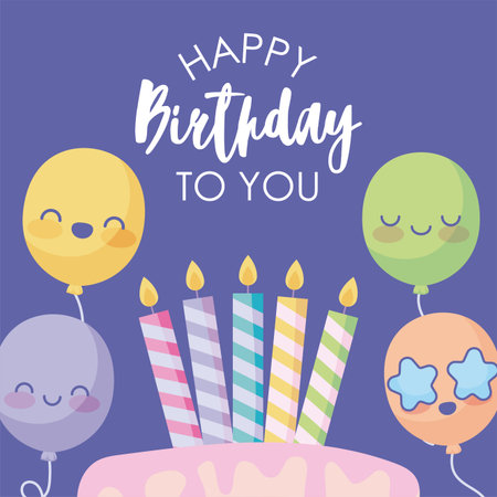 Happy birthday design with cute cartoon balloons and birthday cakes over purple background, vector...