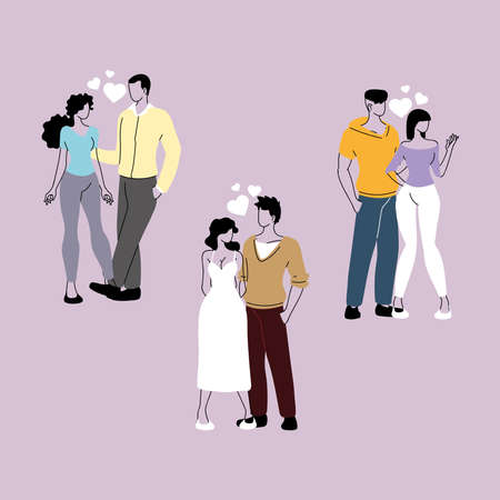 couple of people in love set, romantic and happy couples, dating, hugs and kisses vector illustration designのイラスト素材