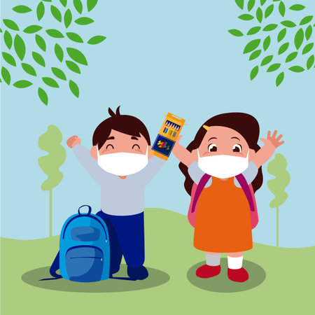 Girl and boy kid cartoon with masks school bags and colors at park design of Covid 19 virus theme Vector illustrationのイラスト素材