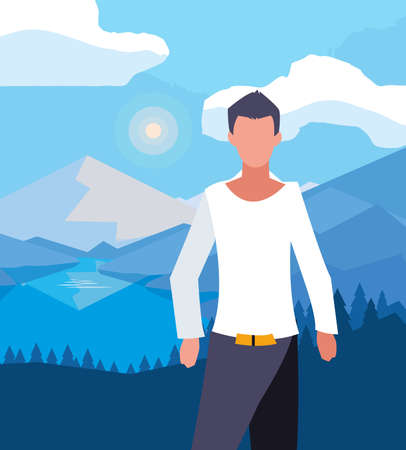 Avatar man in front of landscape design, Boy male person people human social media and portrait theme Vector illustrationのイラスト素材