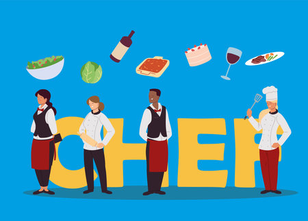 team of chefs and waiters for restaurant vector illustration designのイラスト素材