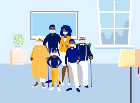 Family with masks at home design of Covid 19 virus theme Vector illustrationのイラスト素材