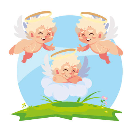 cute cupid angels in different poses, valentines day vector illustration designのイラスト素材