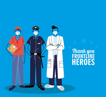 Thanks to the front line workers. Diverse people from different occupations wear protective masks vector illustration designのイラスト素材