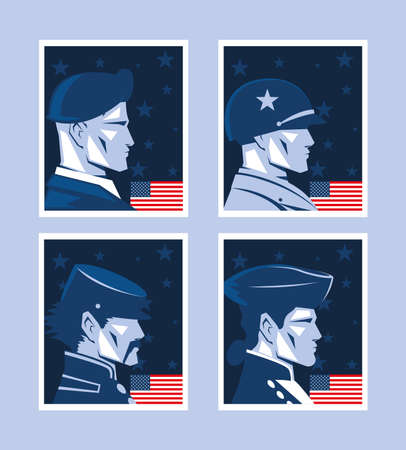 set of cards with american soldier, memorial day vector illustration designのイラスト素材