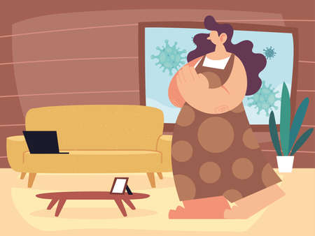 woman working at home, quarantine by coronavirus vector illustration designのイラスト素材