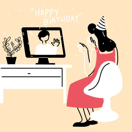 Woman with party hat and computer in video chat design, Happy birthday celebration party call and conference theme Vector illustrationのイラスト素材