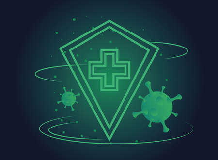 shield with cross and covid 19 virus cells vector illustration designのイラスト素材