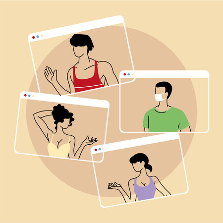 group of people talking in videocall conference, social distancing vector illustration design
