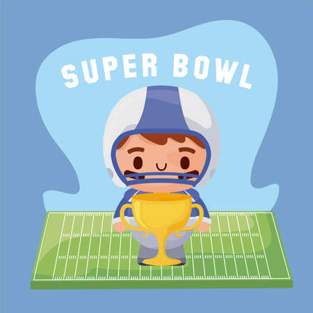 Player with trophy over field design, Super bowl american football sport hobby competition game training equipment tournement and play theme Vector illustrationのイラスト素材