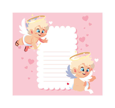 card valentines day with cupid angels , sheet to write vector illustration designのイラスト素材