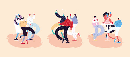 set of people dancing different poses using face masks vector illustration design