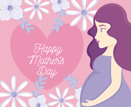 Happy mothers day design with beautiful flowers and pregnant woman over pink background, colorful design, vector illustrationのイラスト素材