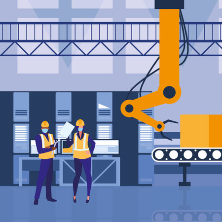 Industrial workers couple working with face mask vector illustration design