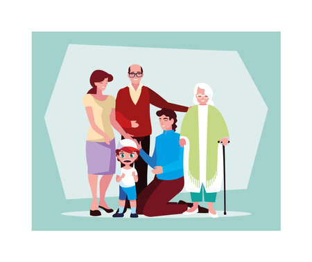 big family together, three generations grandparents, parents and children of different age together vector illustration designのイラスト素材