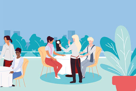 People dining in an upscale outdoor luxury restaurant and waiters taking the order vector illustration designのイラスト素材