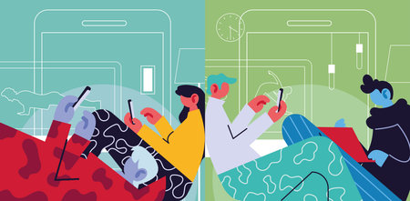 people connected online at home by different electronic means vector illustration design