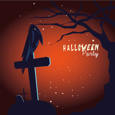Halloween raven cartoon on grave and tree design, Holiday and scary theme Vector illustrationのイラスト素材