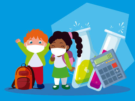 Girl and boy with masks school books and bags design of Covid 19 virus theme Vector illustrationのイラスト素材
