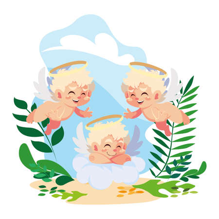 cute cupid angels in different poses, valentines day vector illustration designのイラスト素材