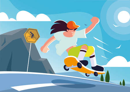 young man riding a skateboard outdoors vector illustration designのイラスト素材