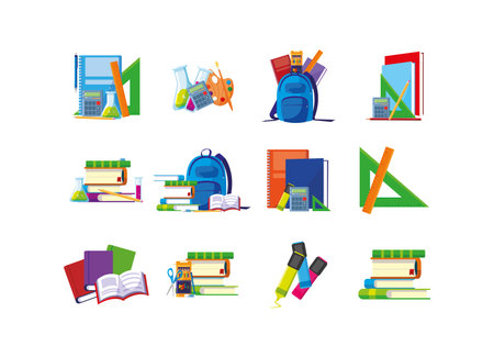 School icon set design, Education class lesson knowledge preschooler study learning classroom and primary theme Vector illustrationのイラスト素材