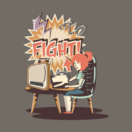 retro videogame design with woman playing videogames on computer over brown background, colorful design. vector illustrationのイラスト素材