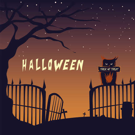 halloween card with owl in the cemetery vector illustration designのイラスト素材