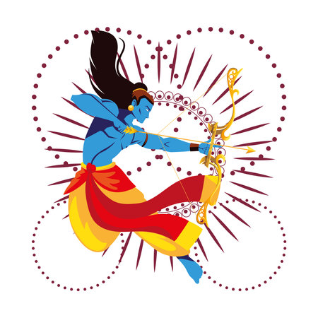 lord ram cartoon with bow and arrow in front of pointed circles design, Happy dussehra festival and...