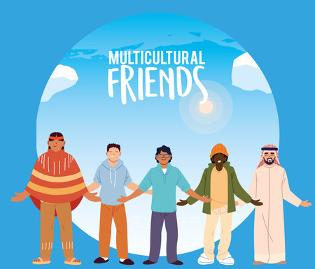 usa indian black and arabish men cartoons in front of sky design, diversity multicultural friends...
