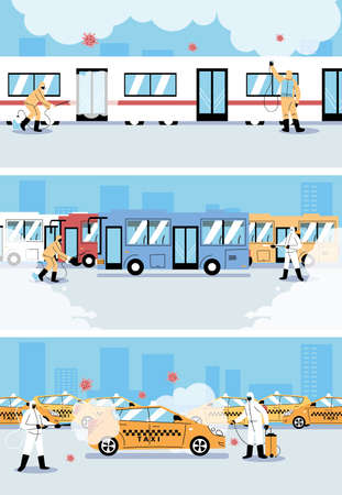 men wearing a protective suit disinfects vehicles by coronavirus or covid 19 vector illustration designのイラスト素材