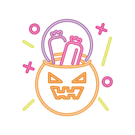 pumpkin with candy in neon light for halloween, trick or treat vector illustration designのイラスト素材