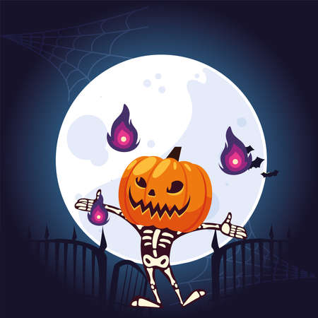 Halloween skull cartoon with pumpkin mask at night design, Holiday and scary theme Vector illustrationのイラスト素材