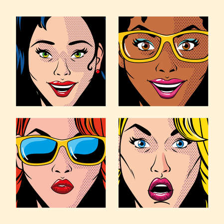 set of beautiful women portraits, pop art style vector illustration designのイラスト素材