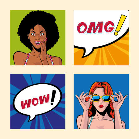 set of women with speech bubble, style pop art vector illustration designのイラスト素材