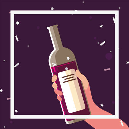 Hand holding wine bottle inside frame design, Winery alcohol drink beverage restaurant and celebration theme illustrationのイラスト素材