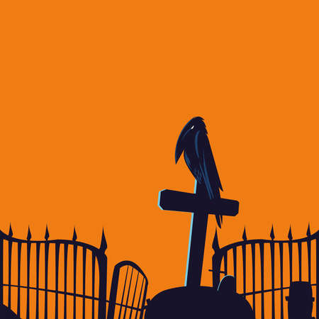 Halloween raven cartoon on grave at night design, Holiday and scary theme illustrationのイラスト素材