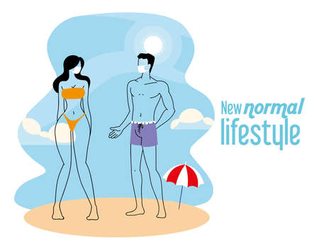 couple with mask and swimsuit in summer vector illustration designのイラスト素材