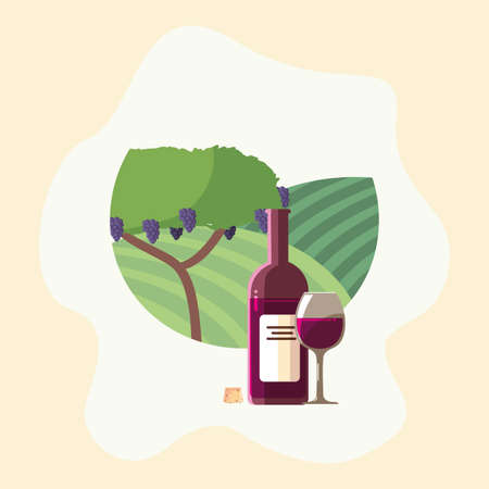 Wine bottle and cup in front of grapes tree design, Winery alcohol drink beverage restaurant and celebration theme Vector illustrationのイラスト素材