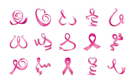 set of pink ribbons, badges, breast cancer awareness over white background vector illustration designのイラスト素材