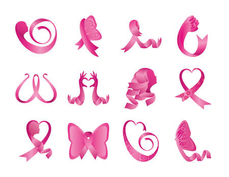 set of pink ribbons, badges, breast cancer awareness on white background vector illustration designのイラスト素材