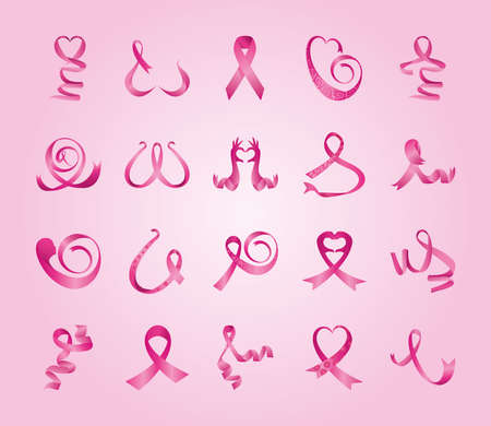 set of pink ribbons, badges, breast cancer awareness in pink backgroundvector illustration designのイラスト素材