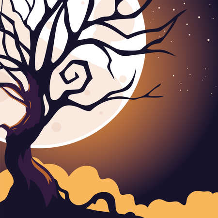 halloween dark night background with full moon and scary tree vector illustration designのイラスト素材