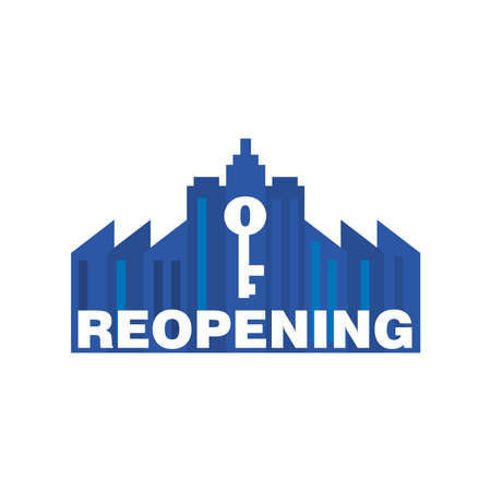 reopening with key on city buildings detailed style icon design of shopping and covid 19 virus theme Vector illustrationのイラスト素材